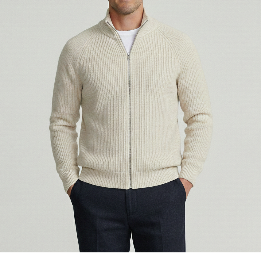 White Rib Zip Sweater