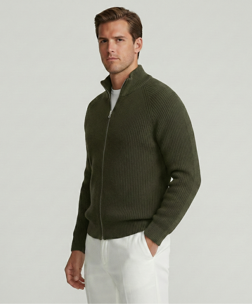 Khaki RIb Zip Sweater