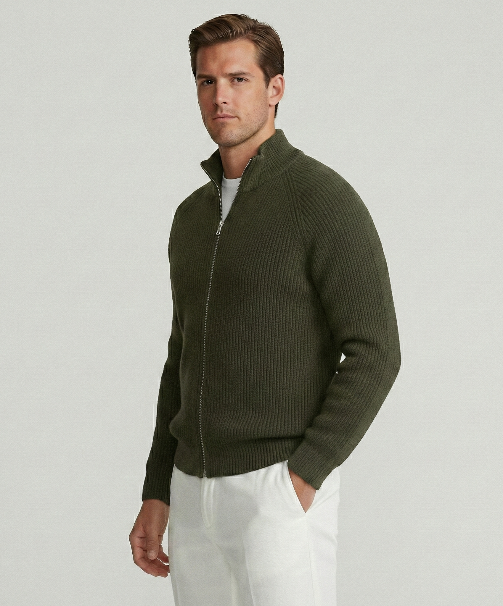 Khaki RIb Zip Sweater