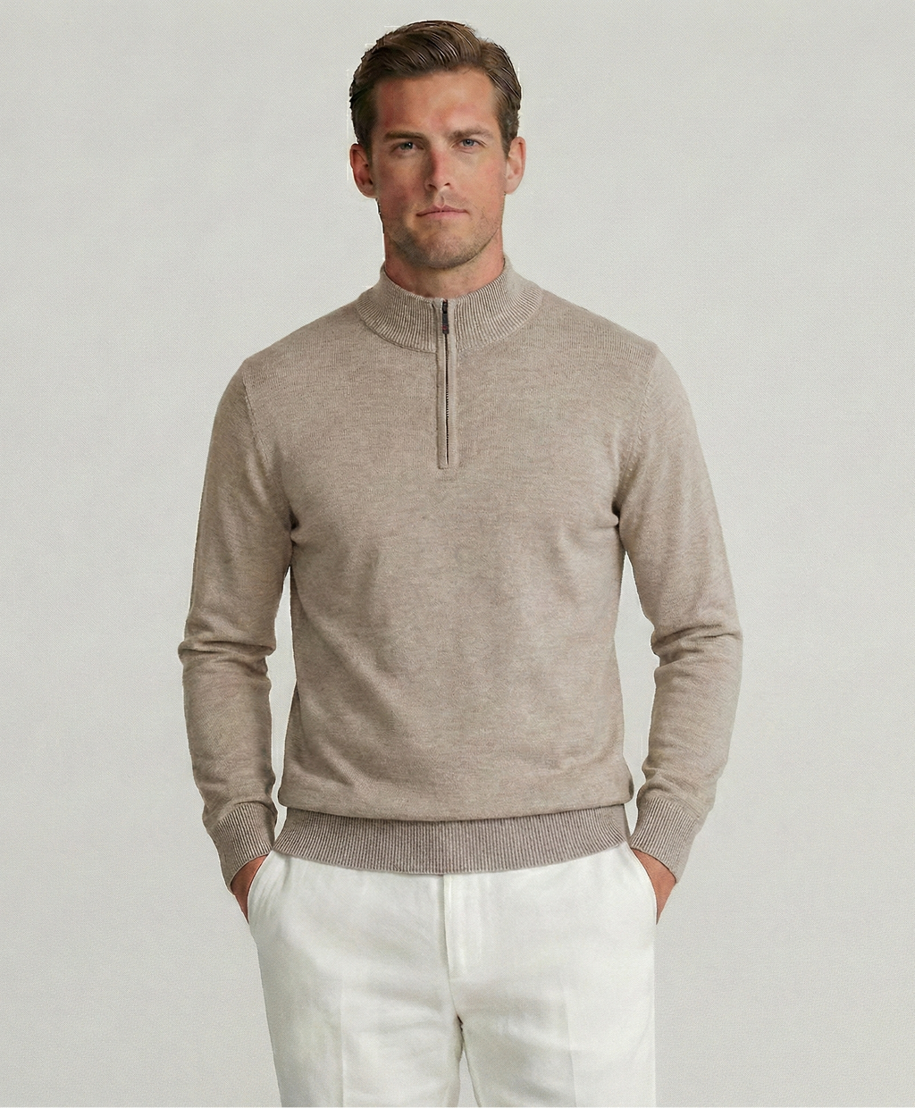 Beige Merino Quarter-Zip
