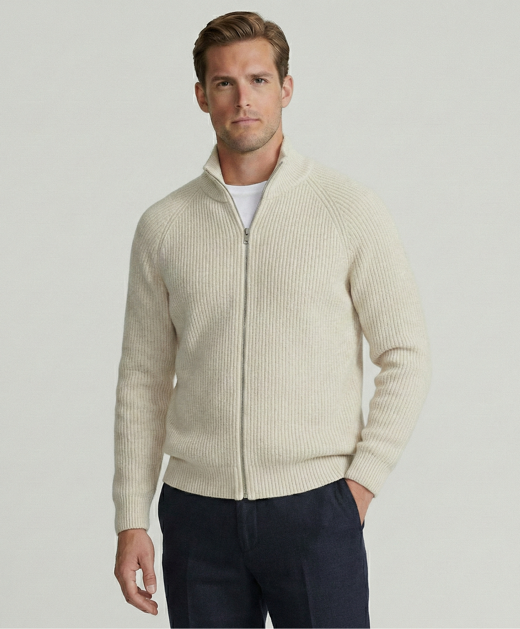 White Rib Zip Sweater